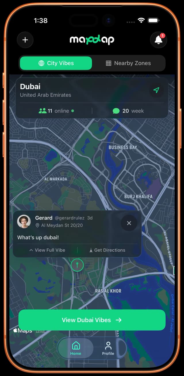 mapdap iOS app — City Vibes screen